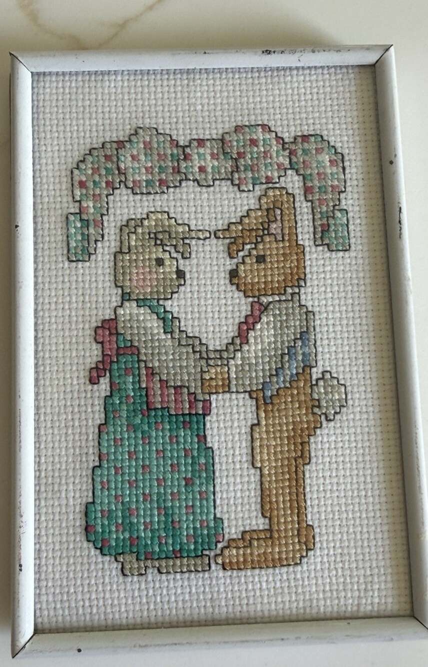 Vtg Finished Cross Stitch Framed Bunny Rabbits Easter Nursery Baby Room Decor